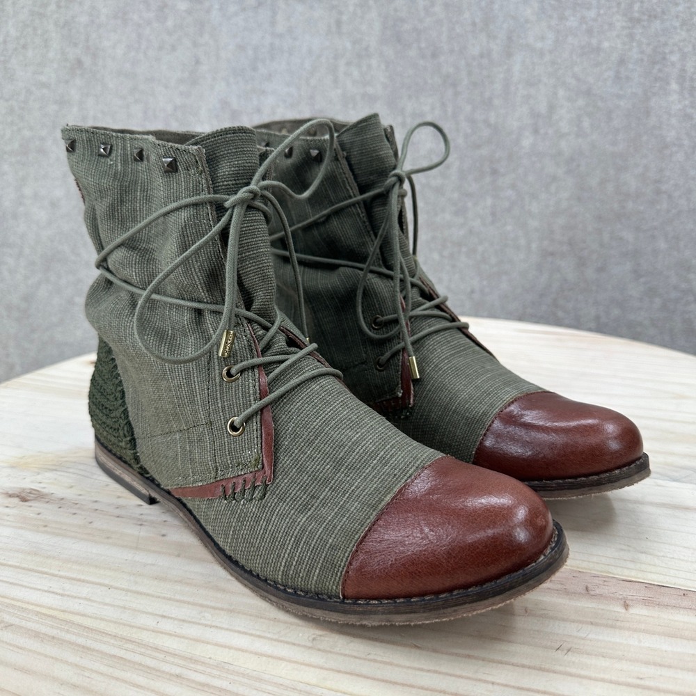 The Sak Ankle Boots 8 Olive Green Canvas Brown Leather Cap Toe Studded Lace Up - Picture 5 of 14